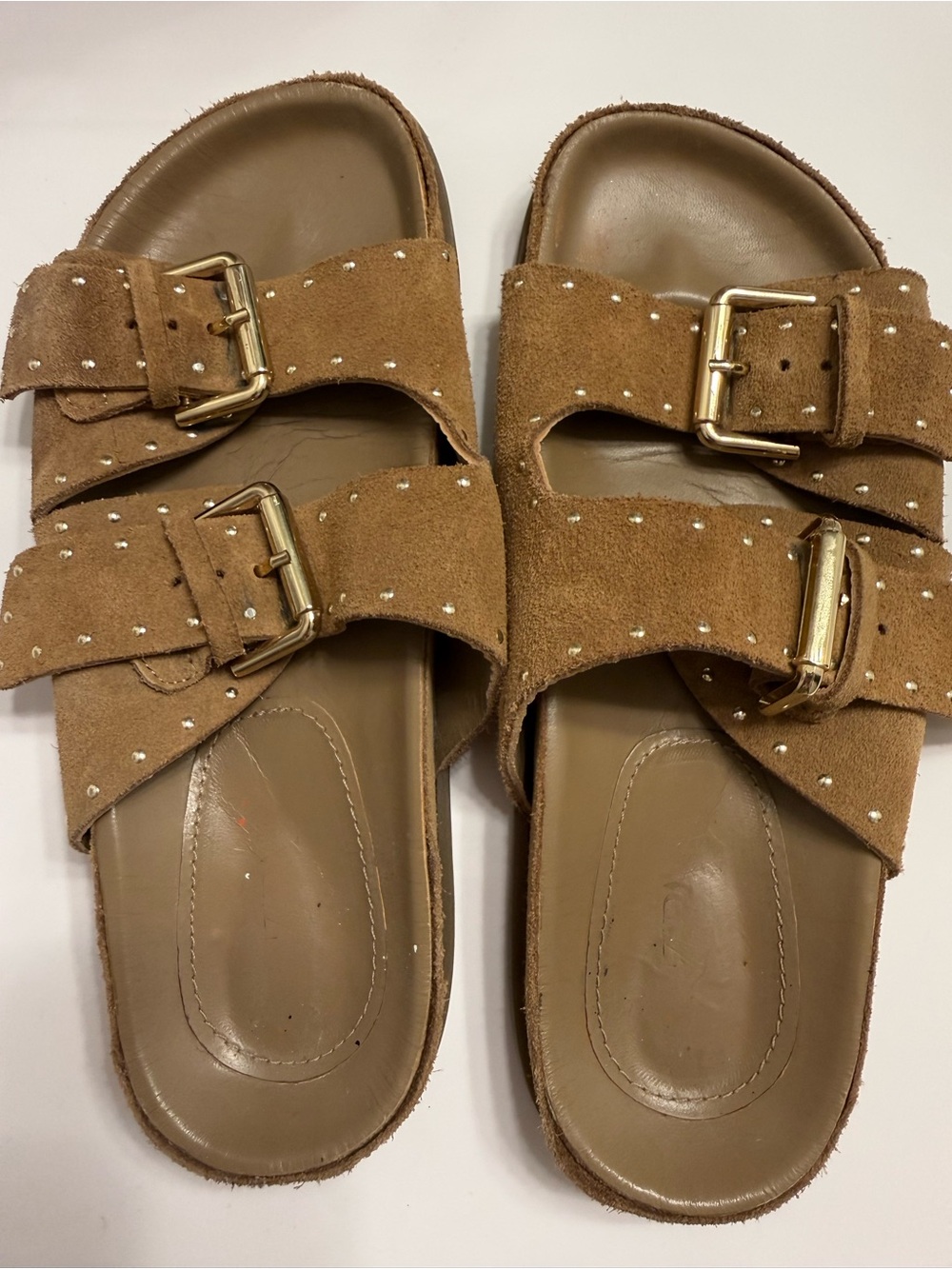 ZARA Studded Suede Double-Buckle Slide Sandals